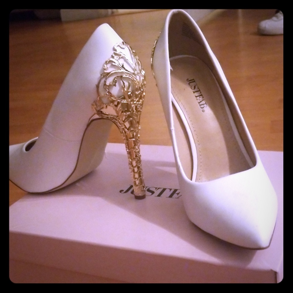White pointy gold heels